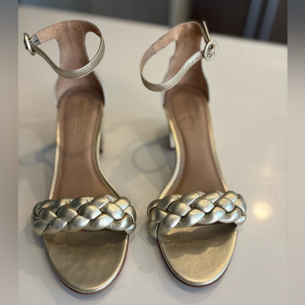 Bernardo Braided Metallic Gold Ankle-Strap Heels